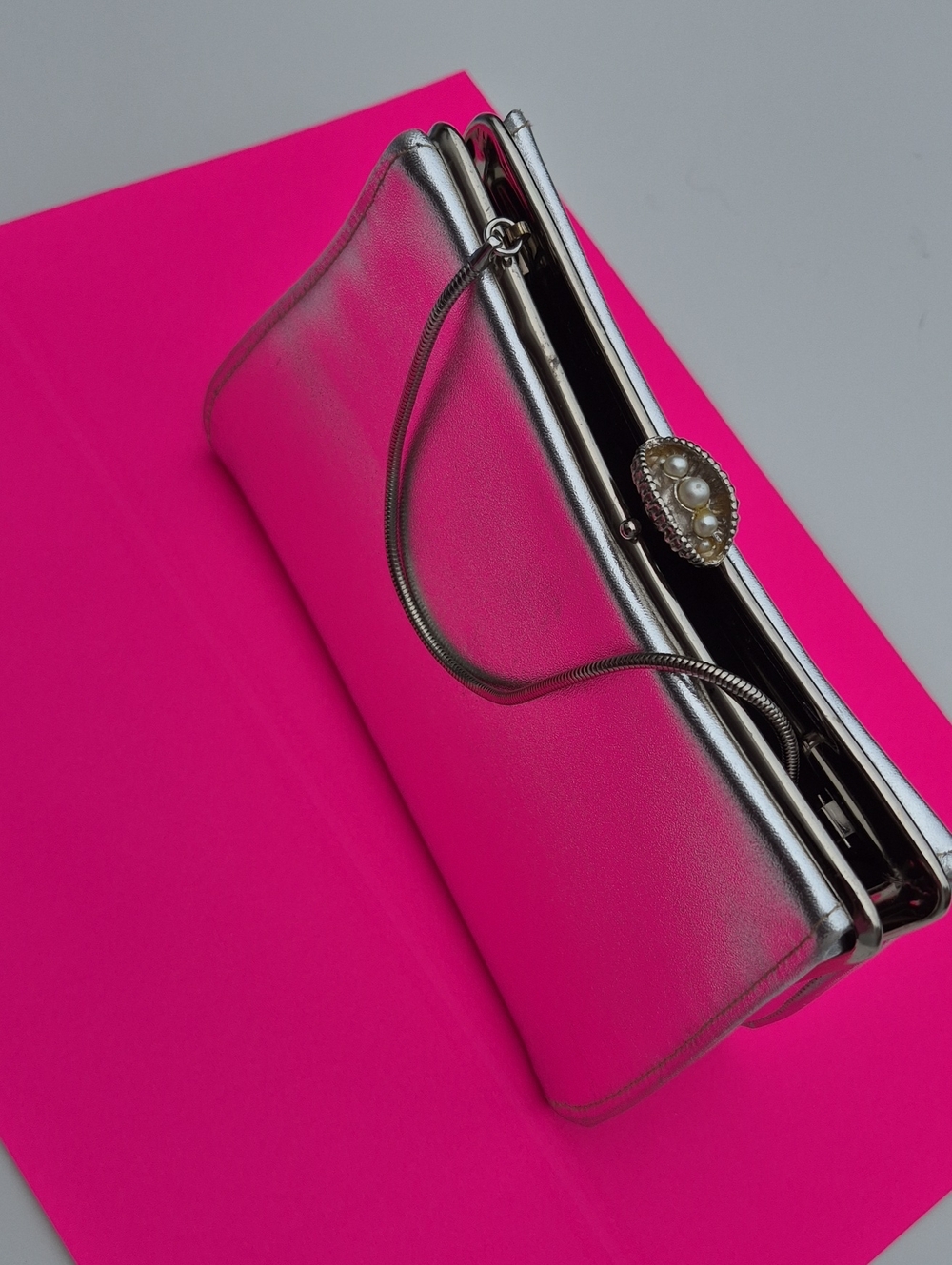 Silver Metallic Evening Clutch with Pearl Accent